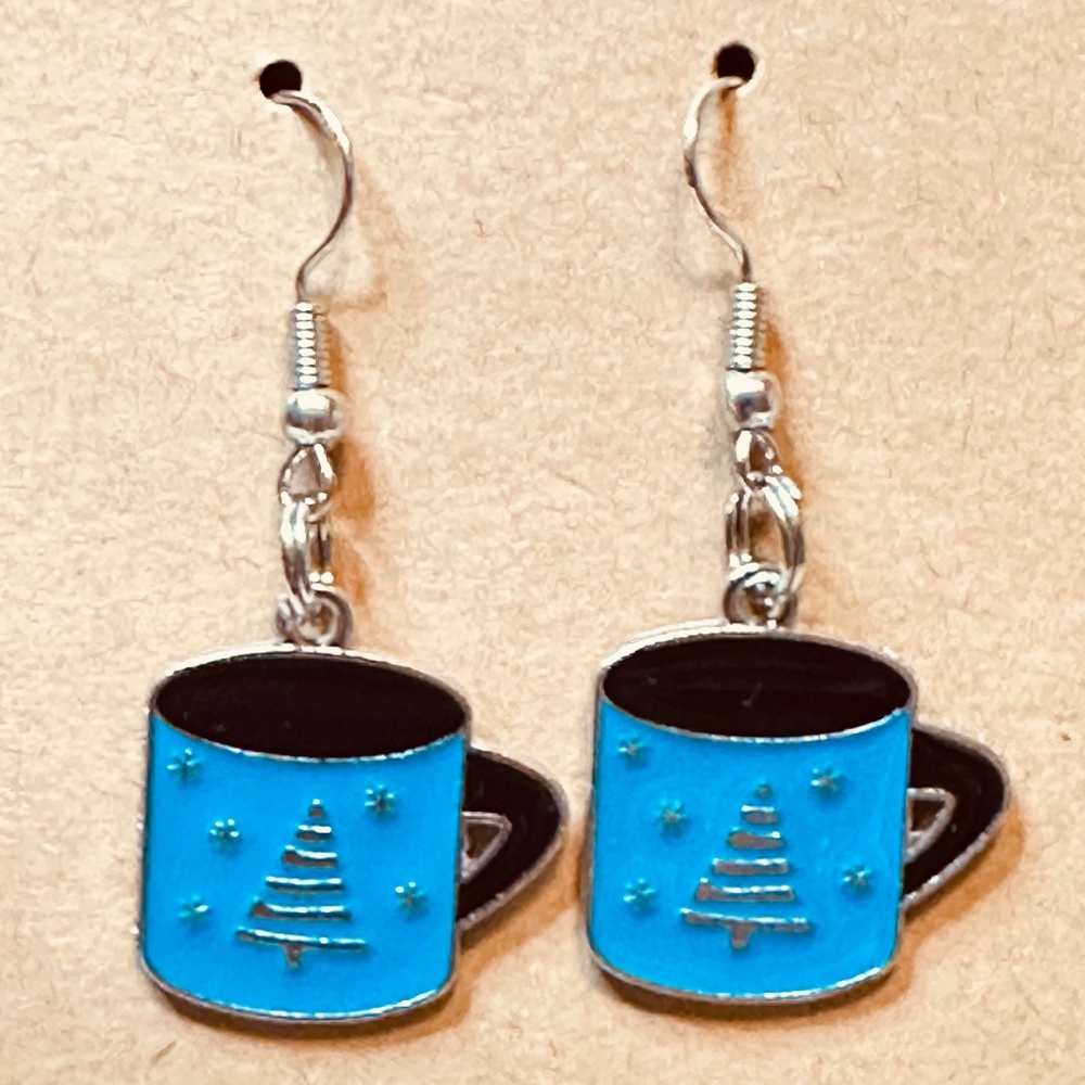 Handmade Blue Christmas Coffee Mug Earrings Enamel Tree Stainless Steel Hooks